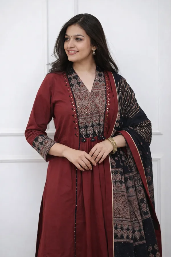 Maroon_Ruhani_Ajrakh_Embroidered_Kurta_Set