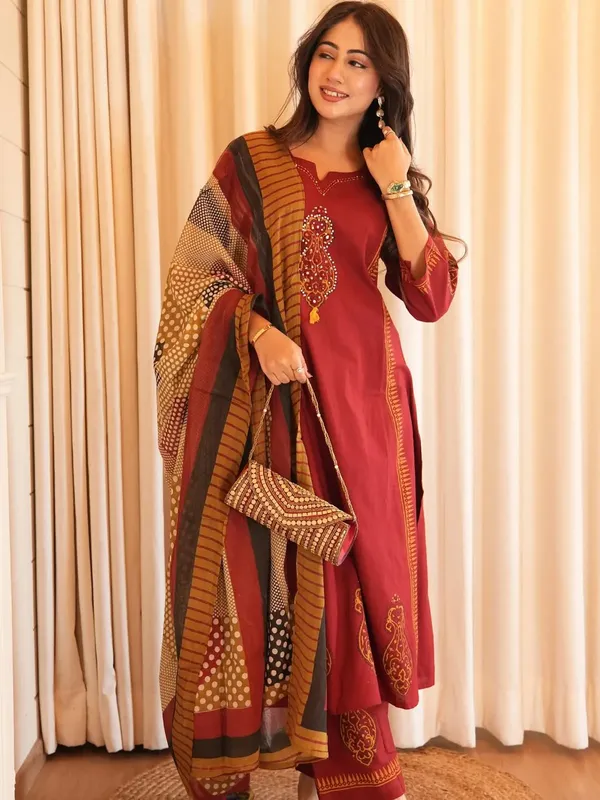 Cotton_Rust_Romance_Kurta_With_Pant_And_Dupatta_Set