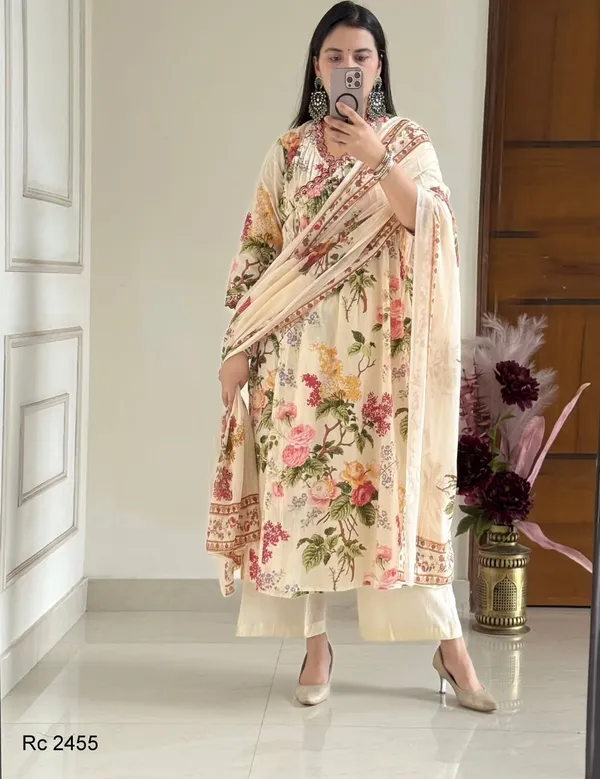 Pure_Cotton_Embroidery_Print_Kurti_With_Pant_And_Mulmul_Printed_Dupatta
