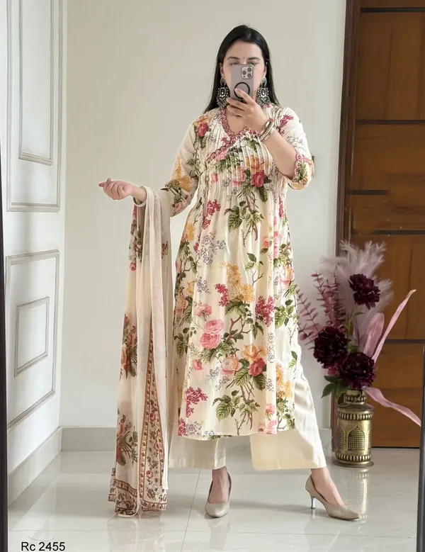 Pure_Cotton_Embroidery_Print_Kurti_With_Pant_And_Mulmul_Printed_Dupatta