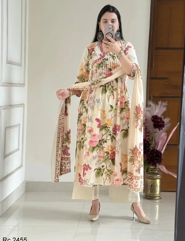 Pure_Cotton_Embroidery_Print_Kurti_With_Pant_And_Mulmul_Printed_Dupatta