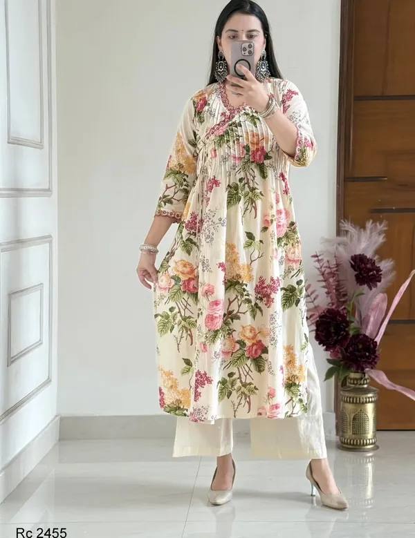 Pure_Cotton_Embroidery_Print_Kurti_With_Pant_And_Mulmul_Printed_Dupatta