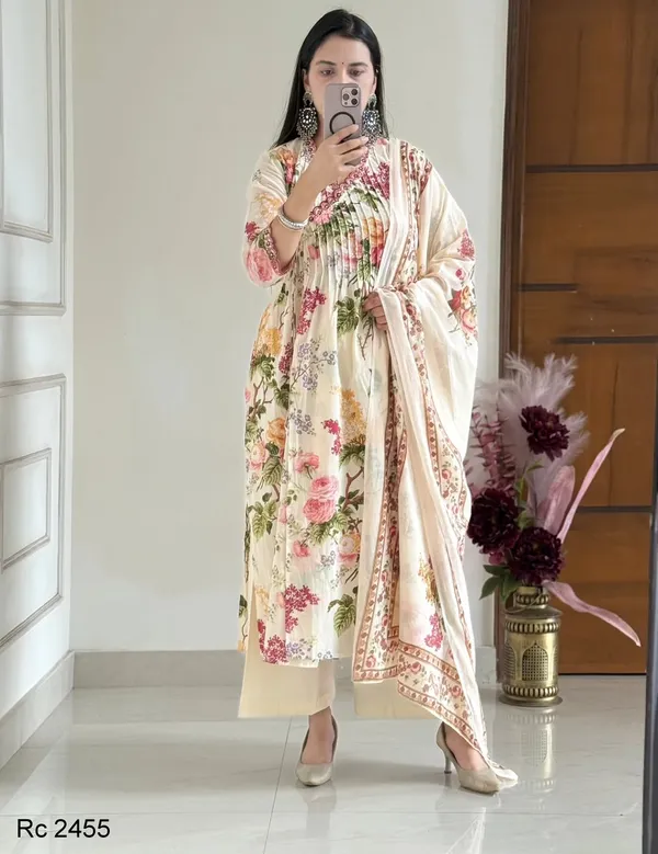 Pure_Cotton_Embroidery_Print_Kurti_With_Pant_And_Mulmul_Printed_Dupatta