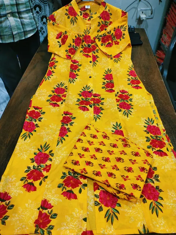 Yellow_Sardar_Floral_Cotton_Kurti_Pant_Set