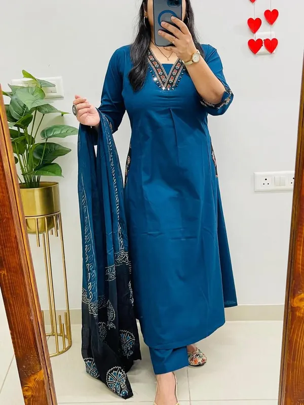 Nri_Blue_V_Neck_Handcrafted_Cotton_Kurti_Set_With_Dupatta