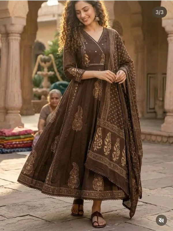 Brown_Cotton_Angrakha_Anarkali_Kurta_Set_With_Dupatta_Heavy_Hand_Work_Ethnic_Wear
