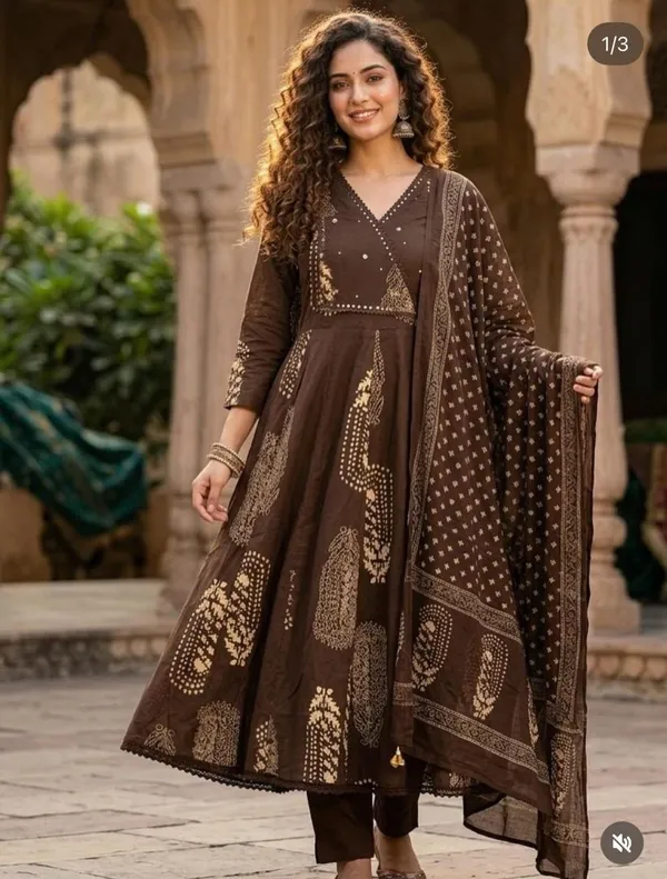 Brown_Cotton_Angrakha_Anarkali_Kurta_Set_With_Dupatta_Heavy_Hand_Work_Ethnic_Wear