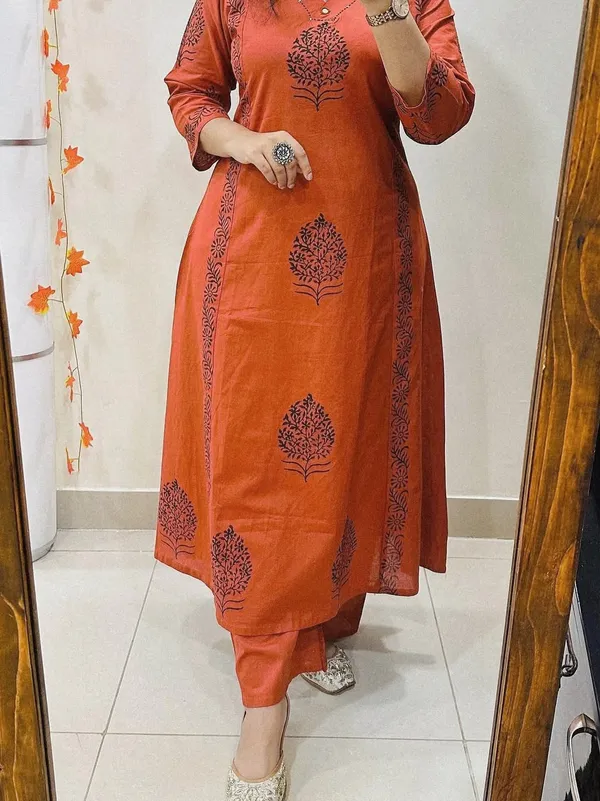 Rust_Aura_Handblock_Cotton_Kurti_Pant_Set