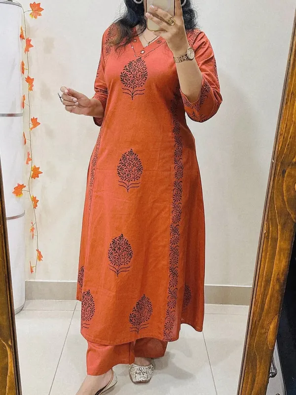 Rust_Aura_Handblock_Cotton_Kurti_Pant_Set