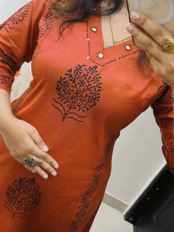 Rust_Aura_Handblock_Cotton_Kurti_Pant_Set