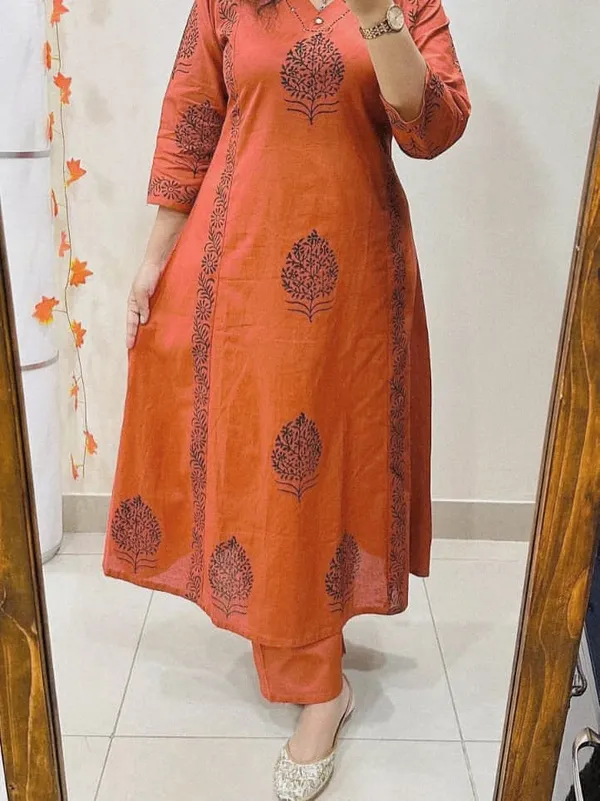 Rust_Aura_Handblock_Cotton_Kurti_Pant_Set