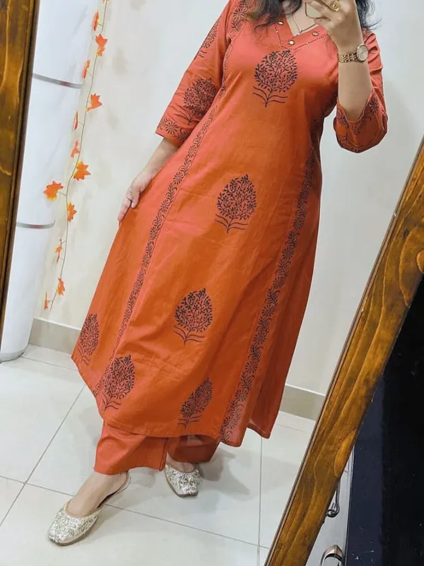 Rust_Aura_Handblock_Cotton_Kurti_Pant_Set