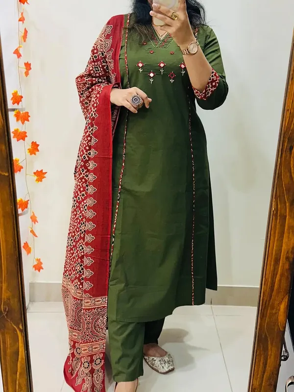 Olive_Green_Embroidered_Cotton_Kurta_Set_With_Floral_Print_Dupatta