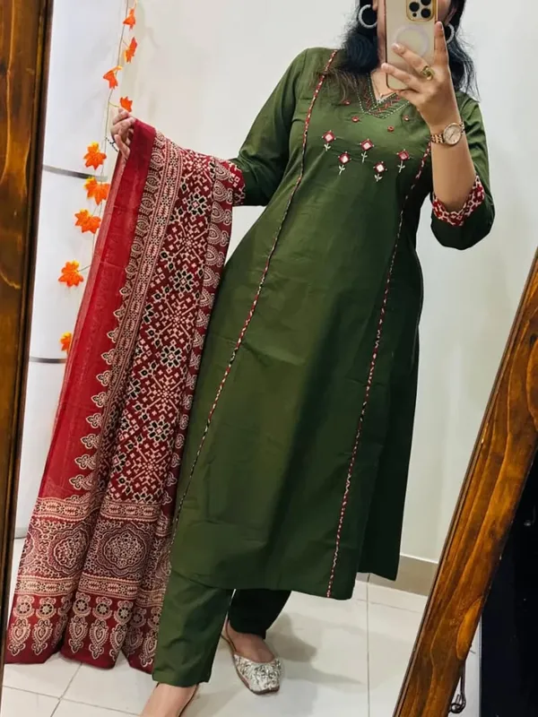 Olive_Green_Embroidered_Cotton_Kurta_Set_With_Floral_Print_Dupatta