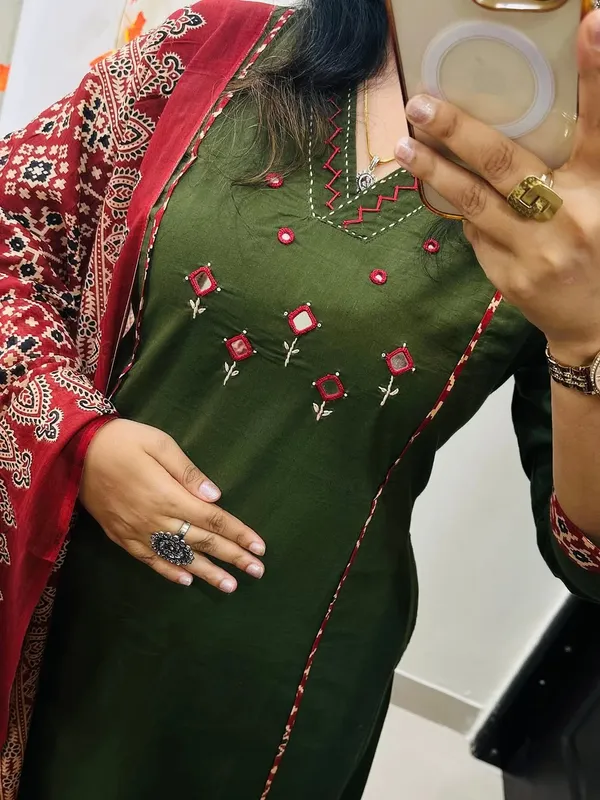Olive_Green_Embroidered_Cotton_Kurta_Set_With_Floral_Print_Dupatta
