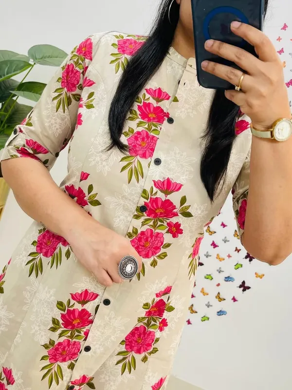 Sardar_Cream_Floral_Cotton_Kurti_Pant_Set