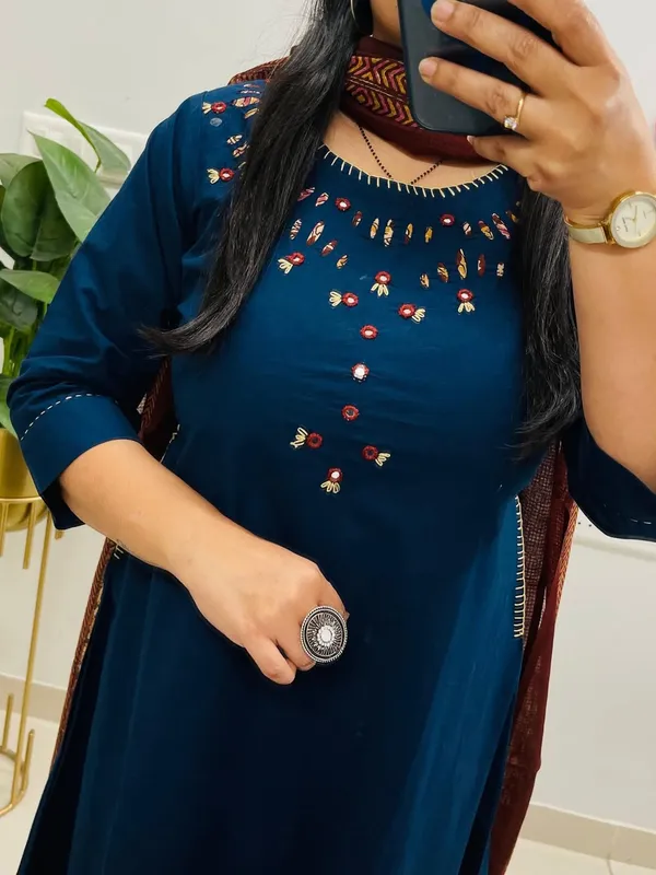 Nri_Blue_Embroidered_Cotton_Kurti_Set_With_Dupatta
