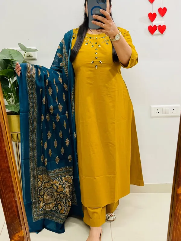 Nri_Yellow_Embroidered_Cotton_Kurti_Set_With_Dupatta