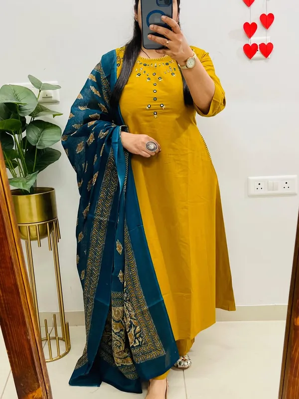 Nri_Yellow_Embroidered_Cotton_Kurti_Set_With_Dupatta