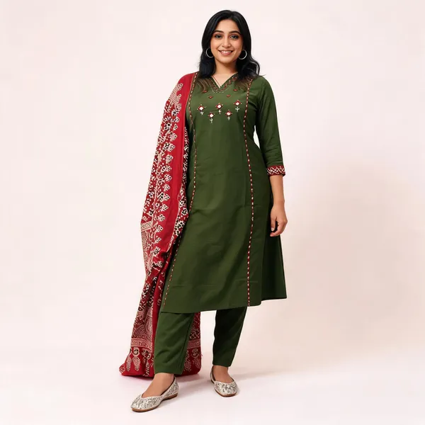 Olive_Green_Embroidered_Cotton_Kurta_Set_With_Floral_Print_Dupatta