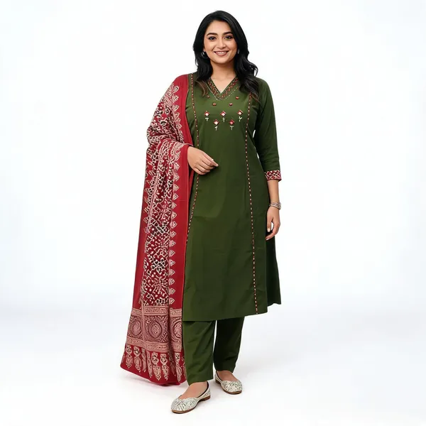 Olive_Green_Embroidered_Cotton_Kurta_Set_With_Floral_Print_Dupatta