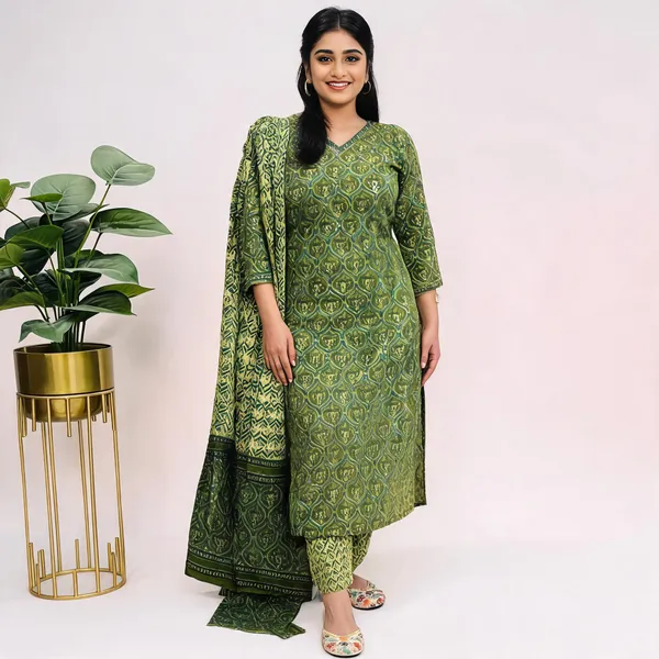 Salim_Green_Handcrafted_Floral_Cotton_Kurti_Set_With_Dupatta
