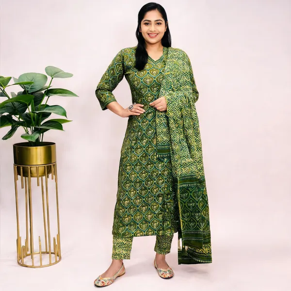 Salim_Green_Handcrafted_Floral_Cotton_Kurti_Set_With_Dupatta