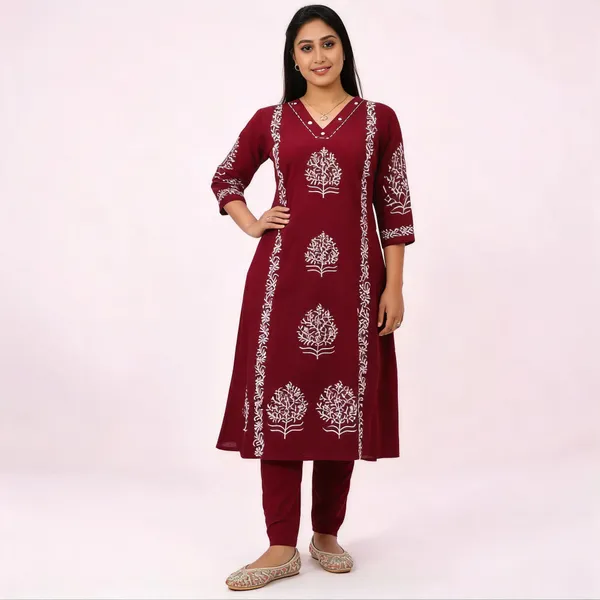 Maroon_Handblock_Cotton_Kurti_Pant_Set_With_Mirror_Sequin_Work