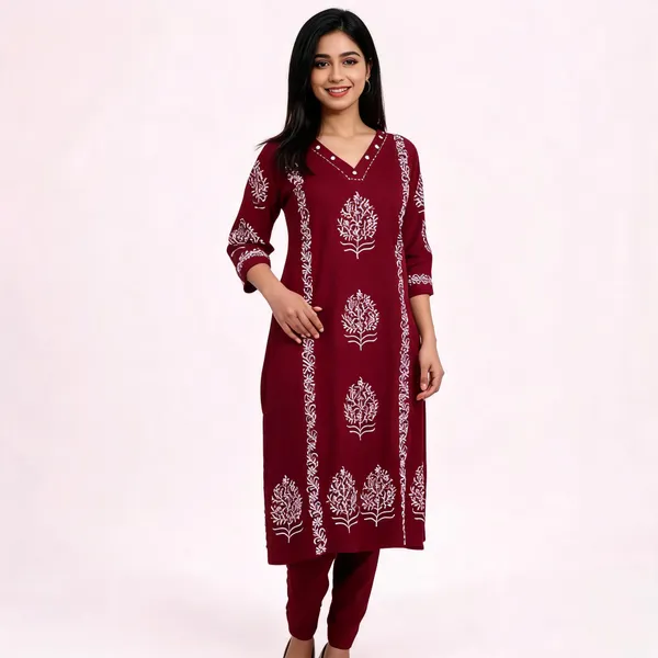 Maroon_Handblock_Cotton_Kurti_Pant_Set_With_Mirror_Sequin_Work