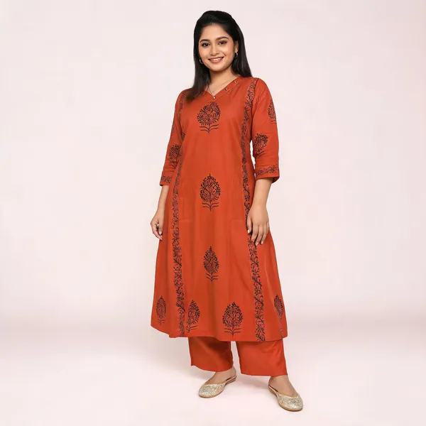 Rust_Aura_Handblock_Cotton_Kurti_Pant_Set