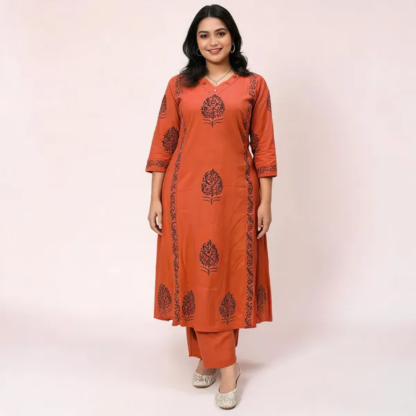 Rust_Aura_Handblock_Cotton_Kurti_Pant_Set