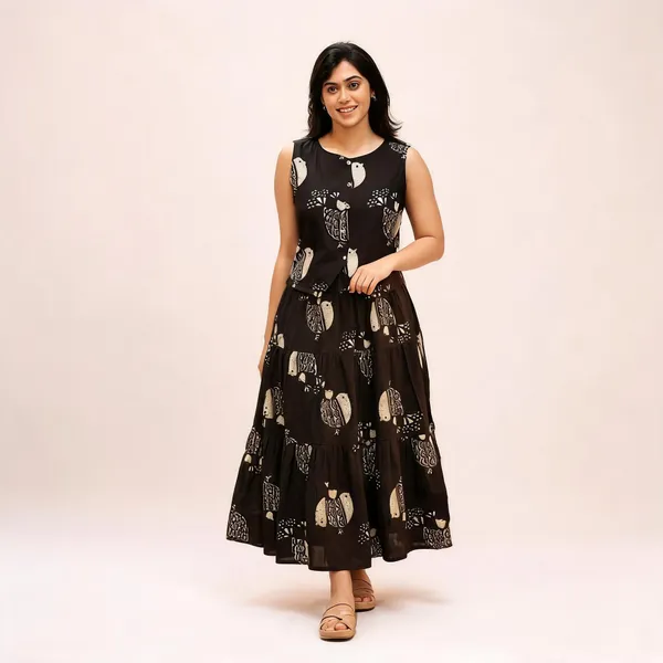 Women_S_Premium_Cotton_Printed_Co_Ord_Set_Sleeveless_Button_Top_With_Flared_Maxi_Skirt_Two_Piece_Outfit