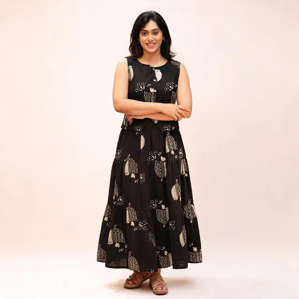 Women_S_Premium_Cotton_Printed_Co_Ord_Set_Sleeveless_Button_Top_With_Flared_Maxi_Skirt_Two_Piece_Outfit