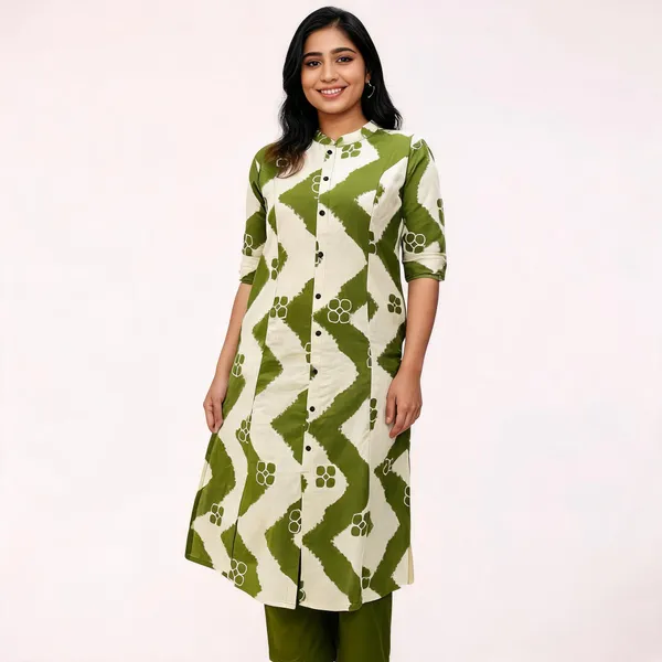 Olive_Wave_Zigzag_Cotton_Kurti_Pant_Set