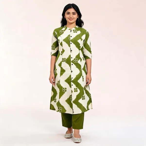Olive_Wave_Zigzag_Cotton_Kurti_Pant_Set