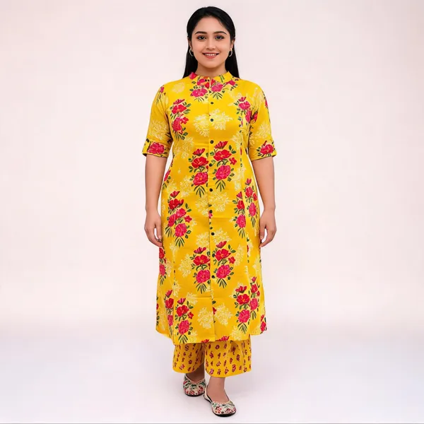 Yellow_Sardar_Floral_Cotton_Kurti_Pant_Set