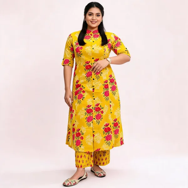 Yellow_Sardar_Floral_Cotton_Kurti_Pant_Set