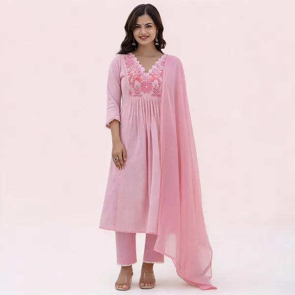 Floral_Yoke_Cotton_Slub_Kurta_Pant_Set_With_Dupatta