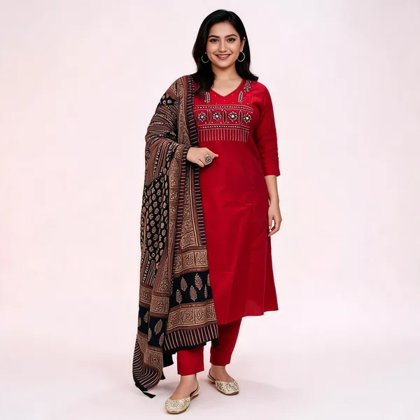 Maroon_Heavy_Cotton_Embroidered_Kurta_Pant_Set_With_Printed_Dupatta_For_Women