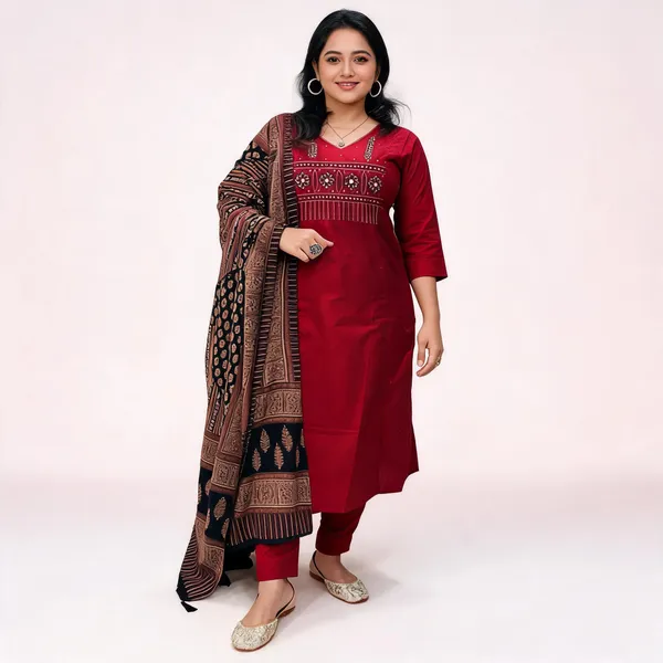 Maroon_Heavy_Cotton_Embroidered_Kurta_Pant_Set_With_Printed_Dupatta_For_Women