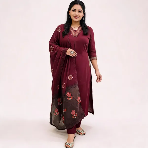 Nri_Maroon_V_Neck_Handcrafted_Cotton_Kurti_Set_With_Dupatta