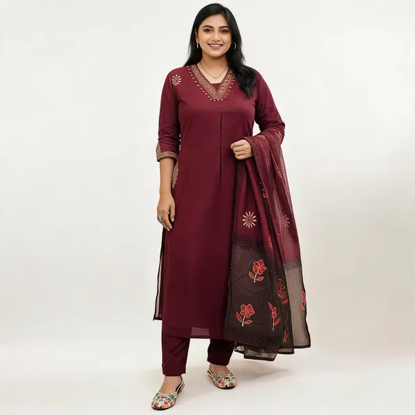 Nri_Maroon_V_Neck_Handcrafted_Cotton_Kurti_Set_With_Dupatta