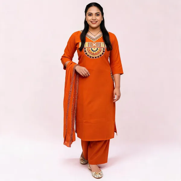 Rust_Royale_Embroidered_Cotton_Kurti_Pant_Dupatta_Set