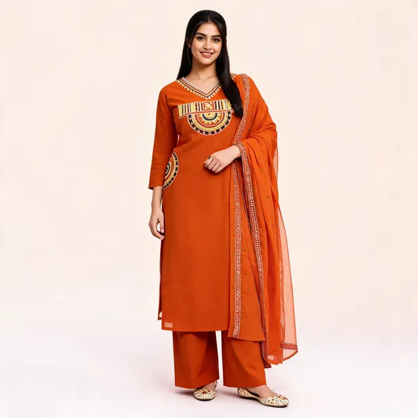 Rust_Royale_Embroidered_Cotton_Kurti_Pant_Dupatta_Set