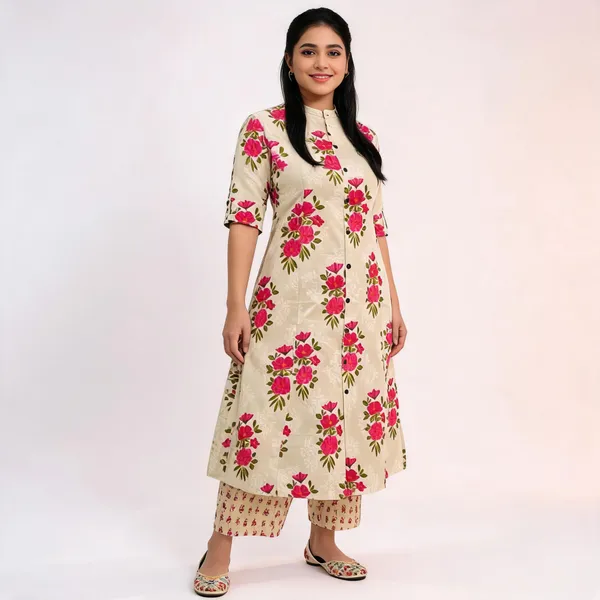 Sardar_Cream_Floral_Cotton_Kurti_Pant_Set