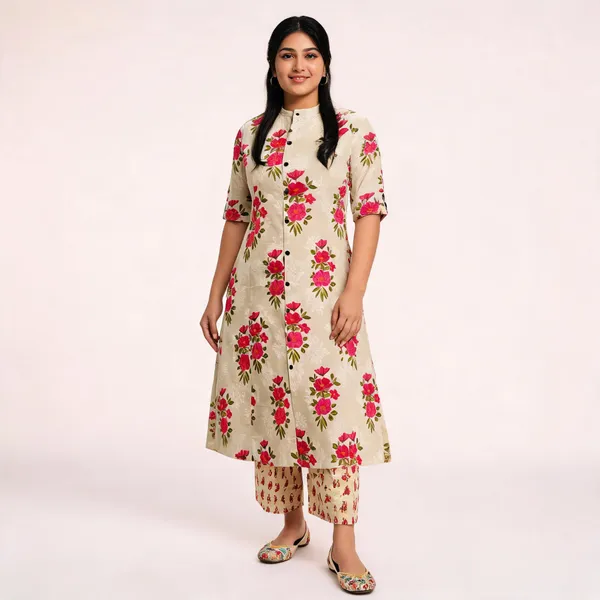 Sardar_Cream_Floral_Cotton_Kurti_Pant_Set
