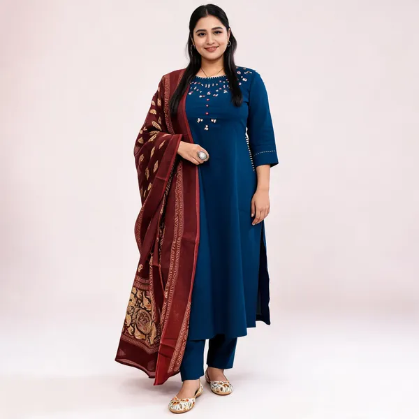 Nri_Blue_Embroidered_Cotton_Kurti_Set_With_Dupatta