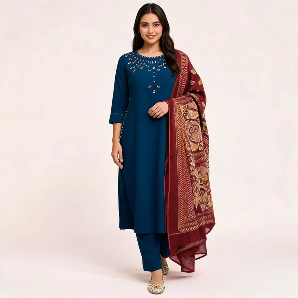 Nri_Blue_Embroidered_Cotton_Kurti_Set_With_Dupatta