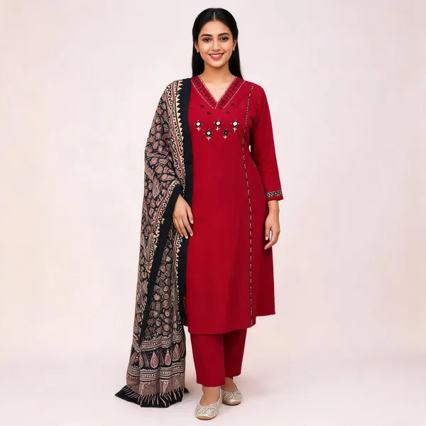 Maroon_Embroidered_Anarkali_Kurta_Set_With_Mirror_Work_And_Contrast_Dupatta