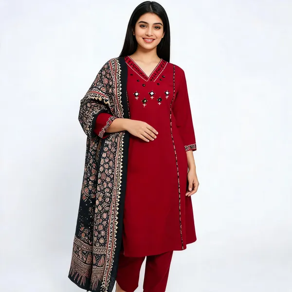 Maroon_Embroidered_Anarkali_Kurta_Set_With_Mirror_Work_And_Contrast_Dupatta